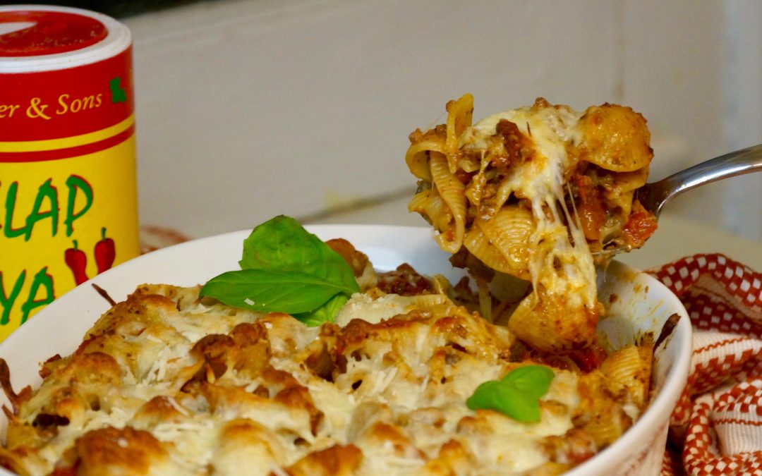Cheesy Pasta Bake with Pesto and Meat Sauce