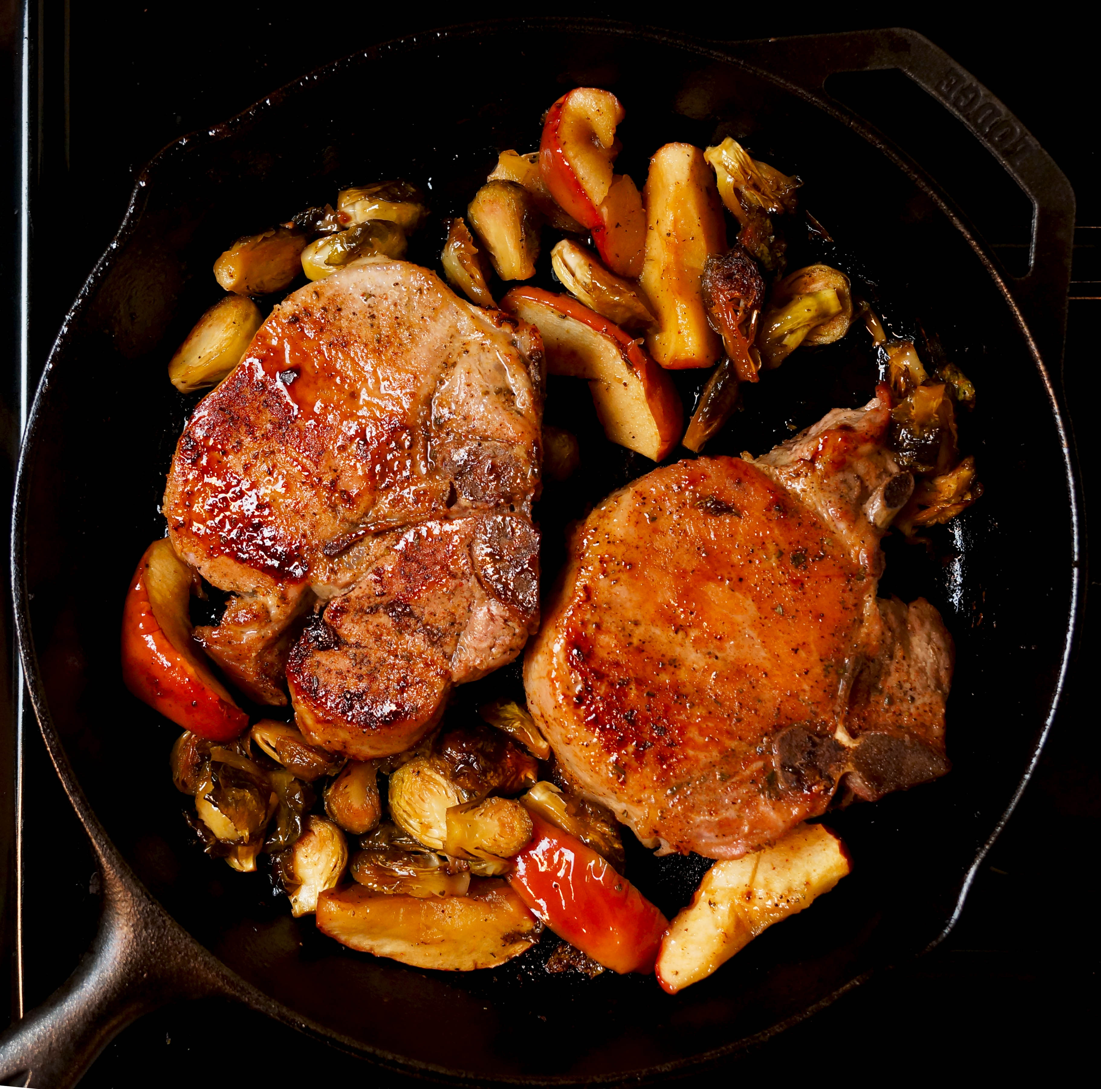 Pork Chops with an Apple Cider Glazed Brussels Sprouts