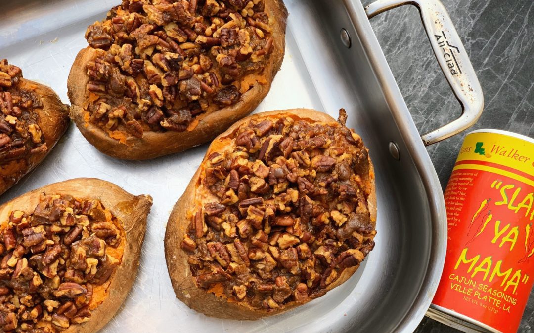 Twice Baked Sweet Potatoes Topped with Mama’s Candied Pecans