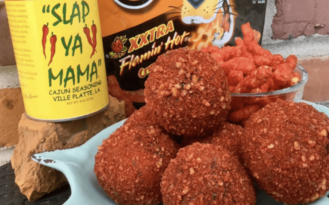Slap Ya Mama Cheese Boudin Balls Covered in Flamin’ Hot Cheetos